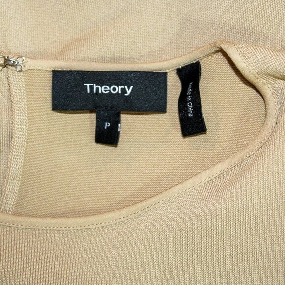 THEORY Women Small Tan Blouse Chiffon Sleeves Stretch Classic Knit Neutral - Picture 4 of 4